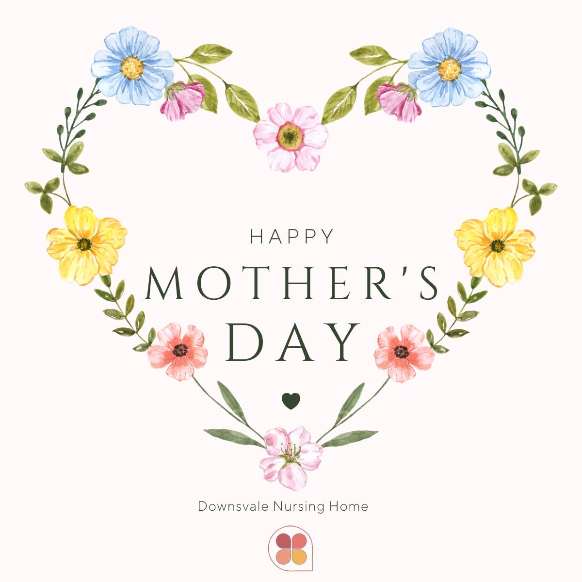 Floral heart design with the text “Happy Mother’s Day” and a small logo at the bottom.