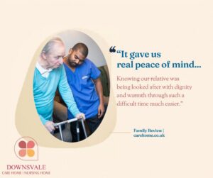 Caregiver assisting an elderly man with a walker, with testimonial about peace of mind
