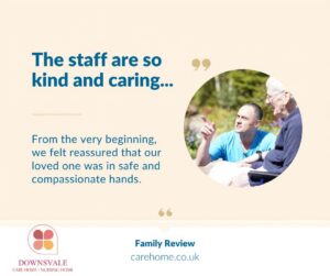 Care staff talking with an elderly resident outdoors, highlighting kind and caring service