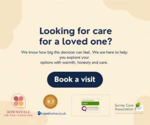 Care home ad inviting users to book a visit, with rating 9.7 and quality care badges