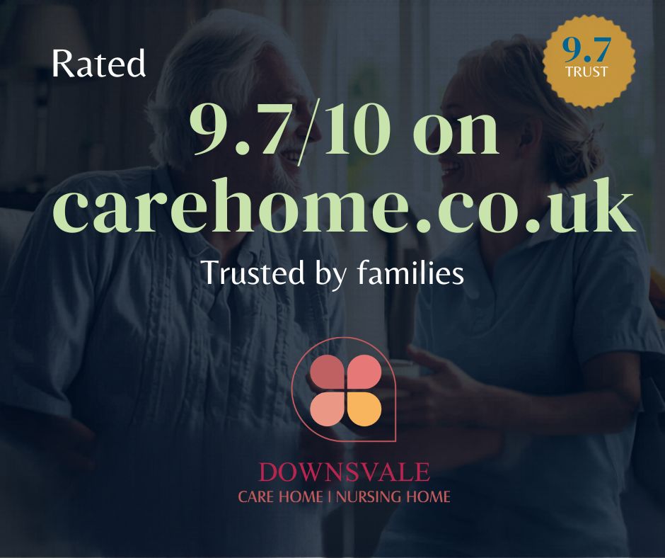Care home rated 9.7/10 on carehome.co.uk, showing a caregiver and elderly woman smiling