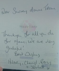 Handwritten Easter card thanking care home staff for their support and kindness.