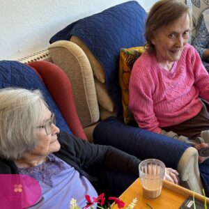Two elderly women sitting in armchairs, chatting beside a tray with a drink.