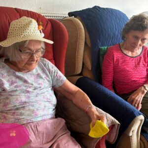 Residents enjoying a seated bean bag game during a group activity session.