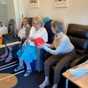 Residents enjoying a seated ball activity together in a comfortable care home lounge.