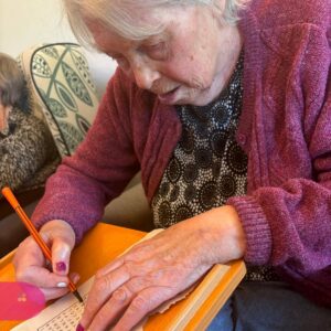 Elderly woman completing a puzzle activity.